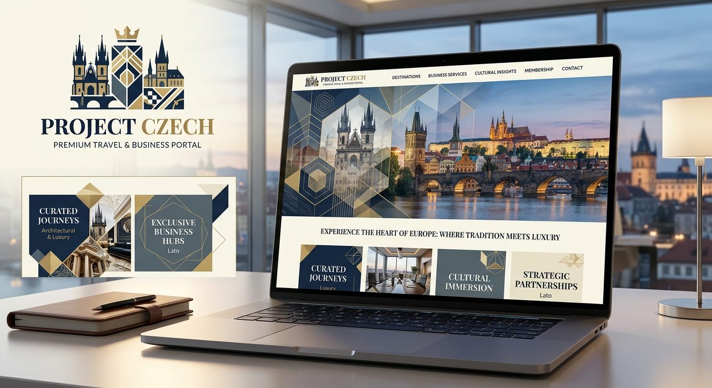 Project Czech concept — Prague skyline mark and travel portal mockup on laptop